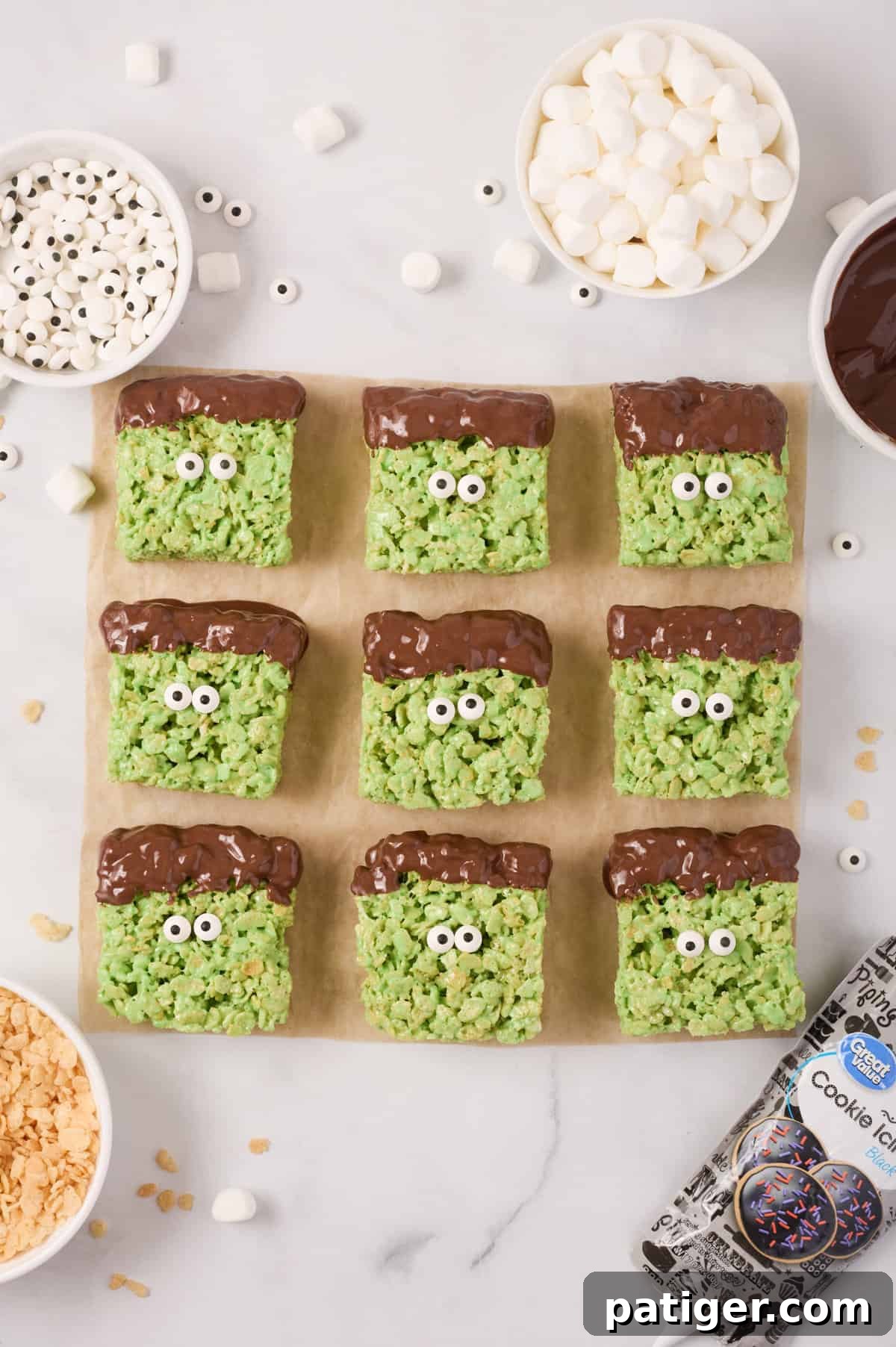 Spooktacular Frankenstein Krispies 11 Monster treats with candy eyeballs.