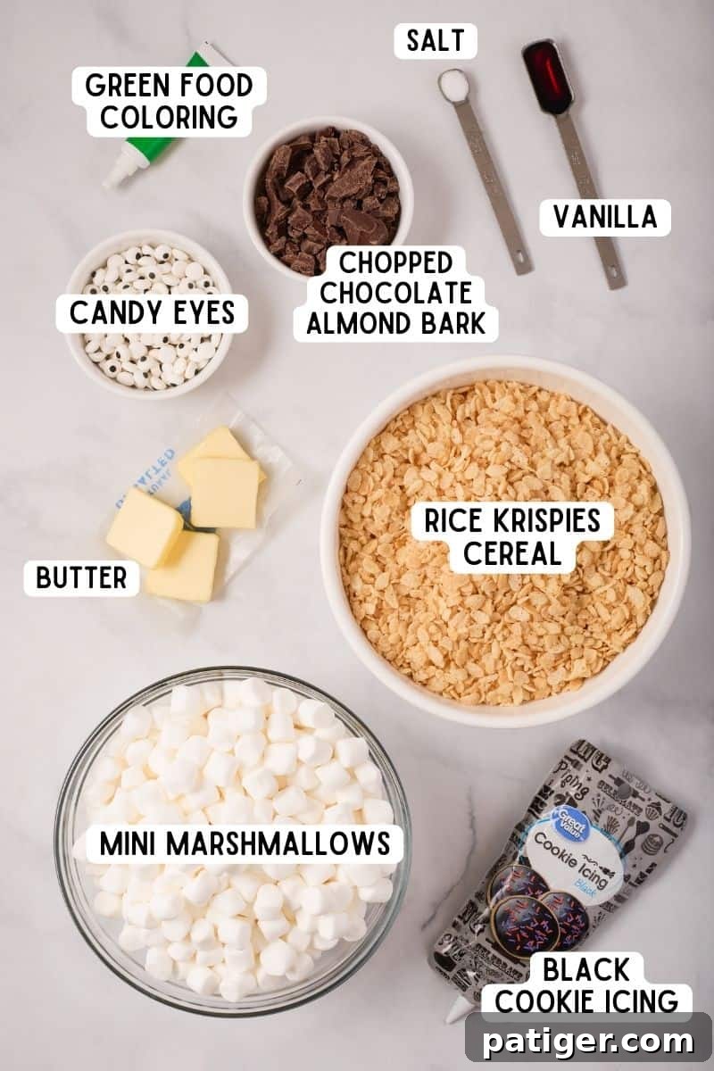 Spooktacular Frankenstein Krispies 4 Ingredients for Frankenstein Rice Krispie Treats.