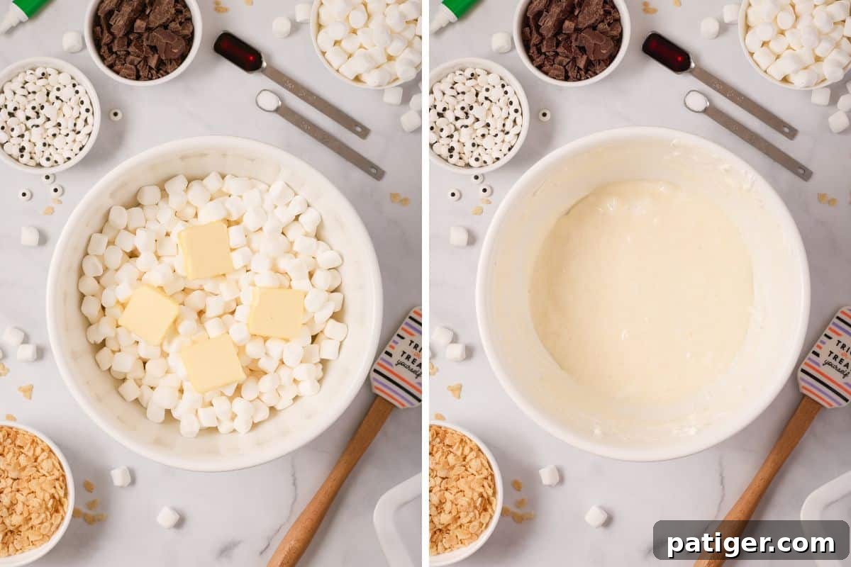 Spooktacular Frankenstein Krispies 5 On left, mini marshallows and pats of butter in bowl. On right, the same but melted and stirred together until smooth and creamy.