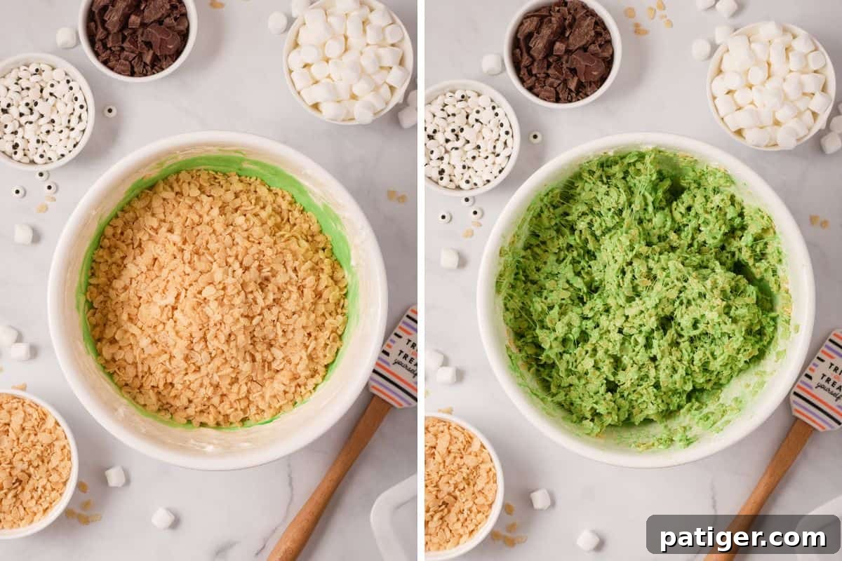 Spooktacular Frankenstein Krispies 7 Two image collage of cereal being added to marshmallow mixture, before and after stirring to coat.