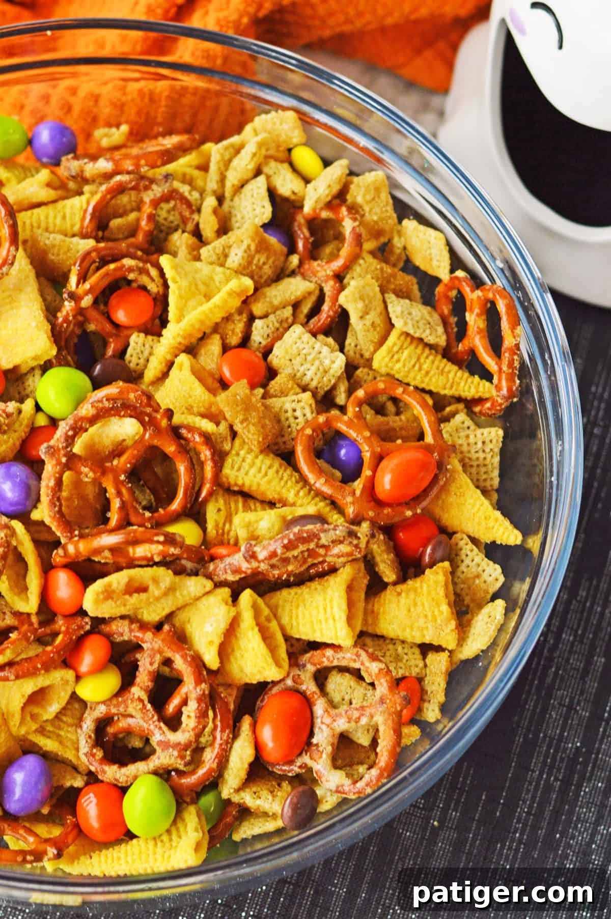 Monster Mash Snack Mix 3 Close up photo of sweet and salty halloween chex mix.
