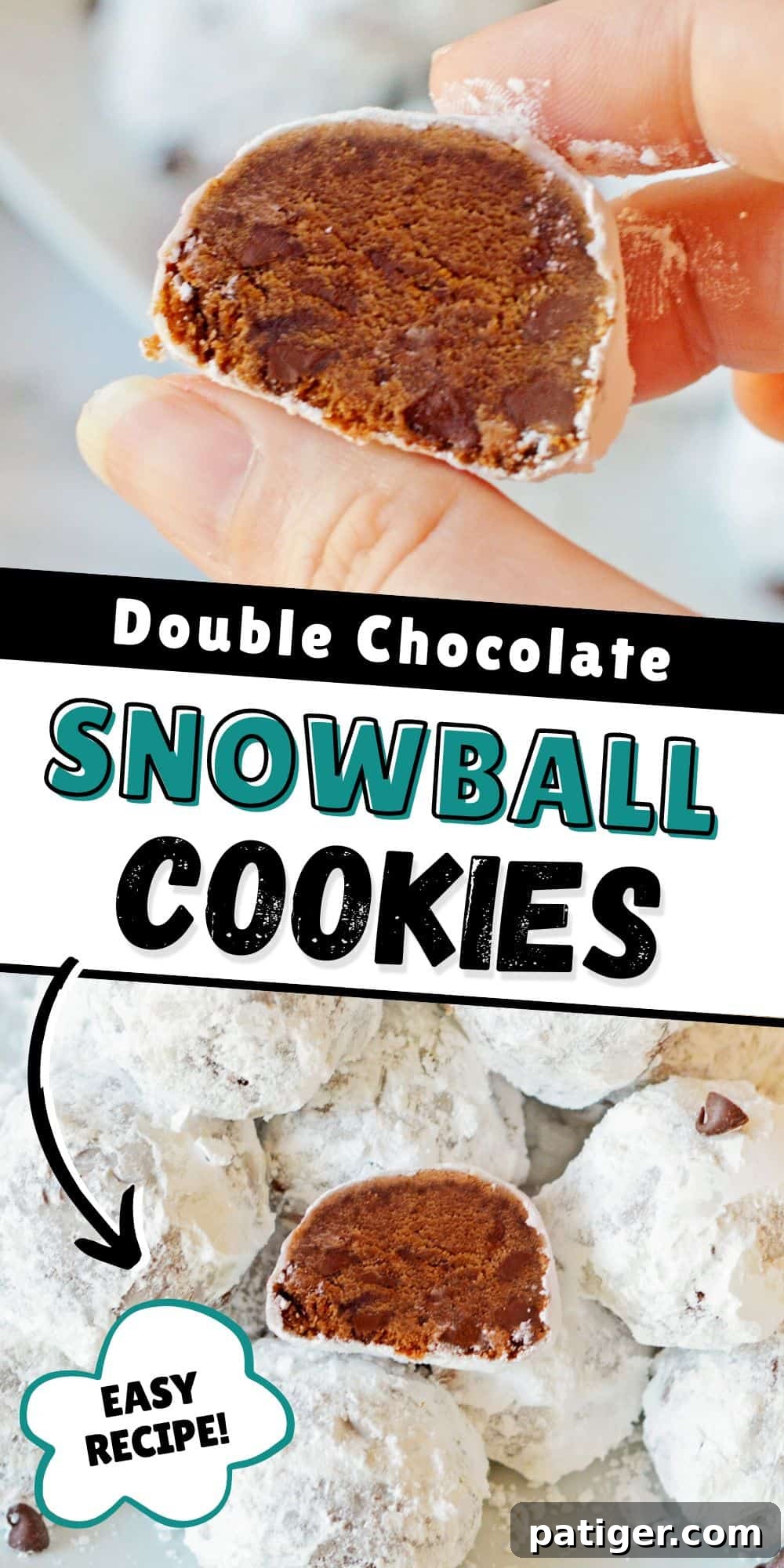 Double chocolate snowball cookies; easy recipe! Pinterest image.