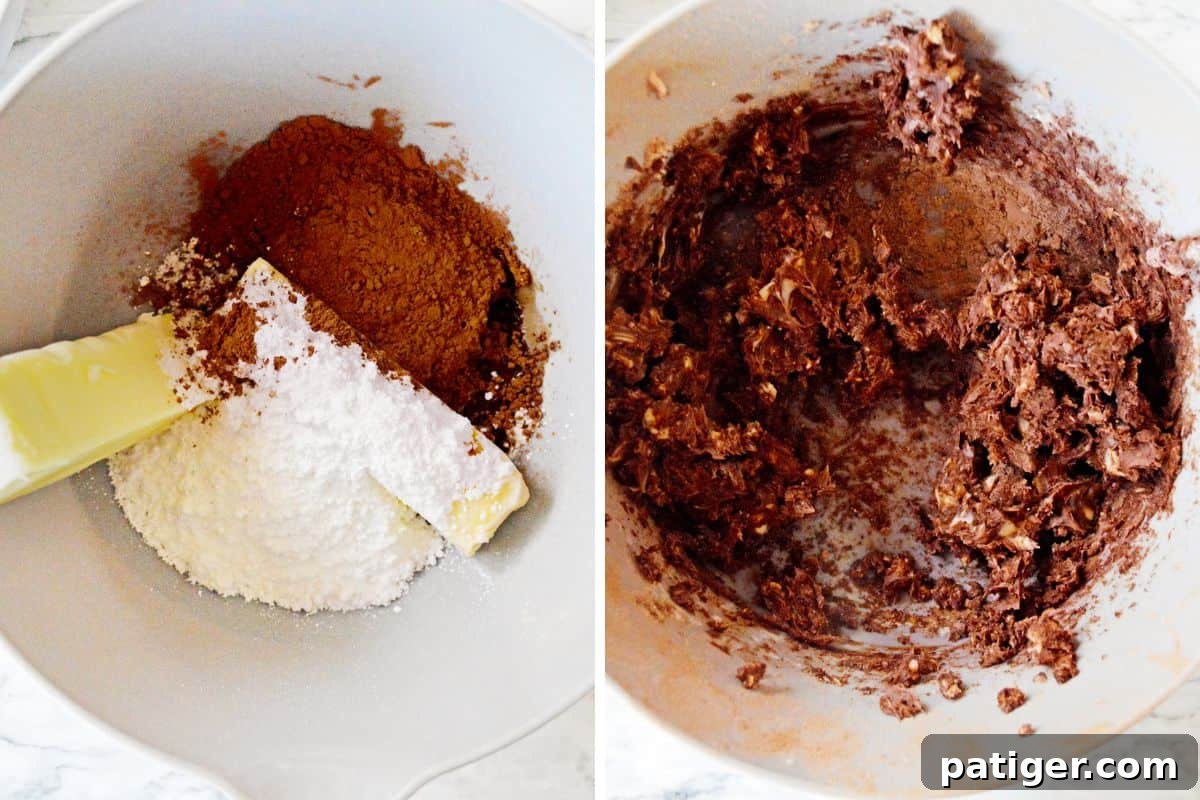 Butter, powdered sugar, and cocoa powder in a mixing bowl, before and after combining.