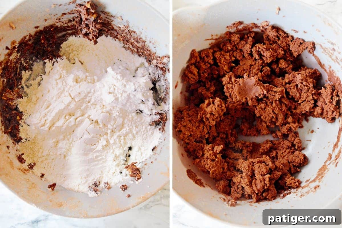 Cookie dough with flour added, before and after combining.