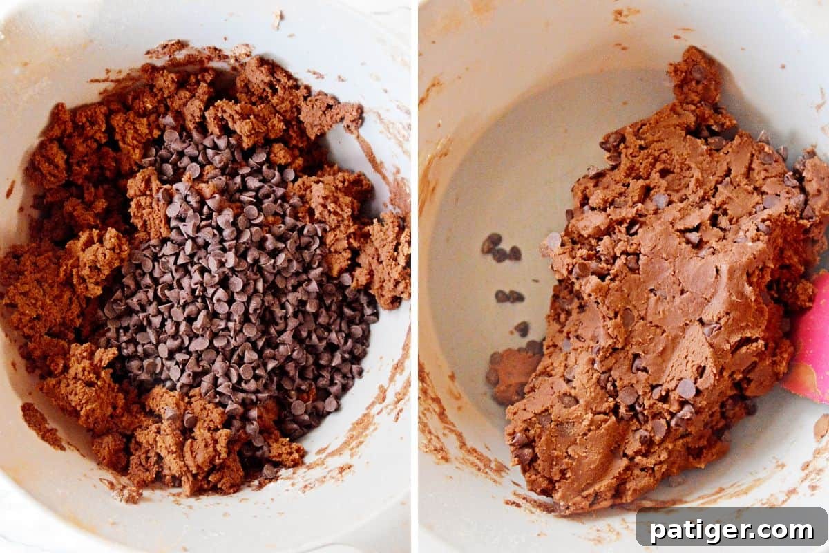 Cookie dough before and after mixing in mini chocolate chips.