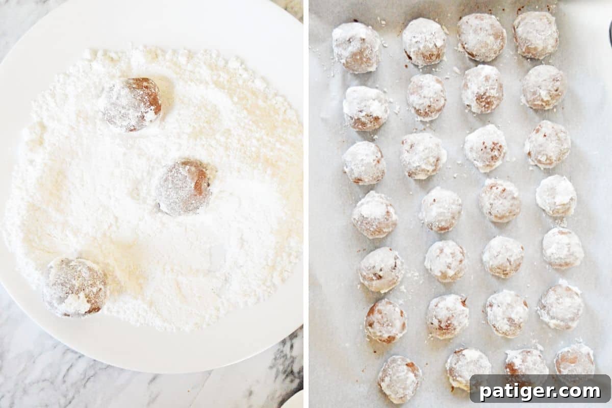 Two image collage. On left: chocolate cookies being rolled in powdered sugar. On right, powdered sugar coated cookies on lined baking sheet.