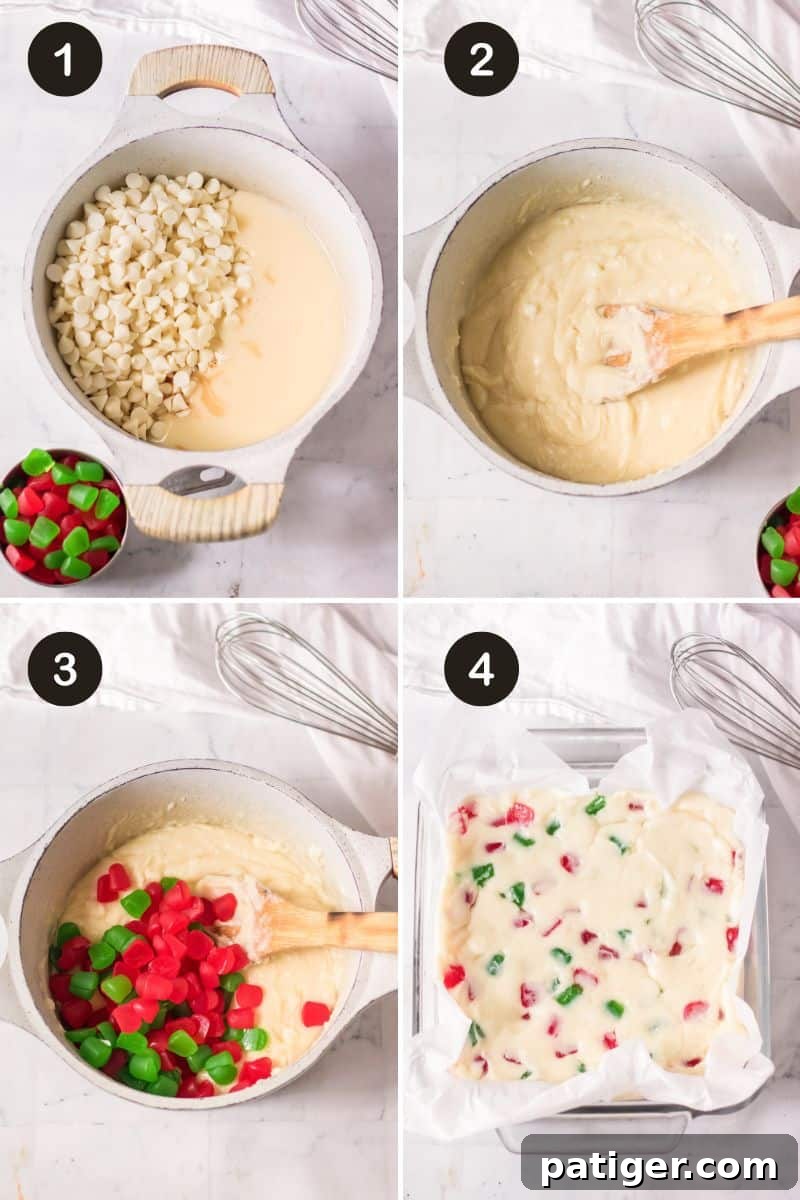How to make gumdrop fudge step-by-step collage. Step 1 shows pot with sweetened condensed milk and white chocolate morsels. Step 2 shows them melted in pot. Step 3 is adding gumdrops. Step 4 is fudge poured into square baking dish lined with parchment paper.