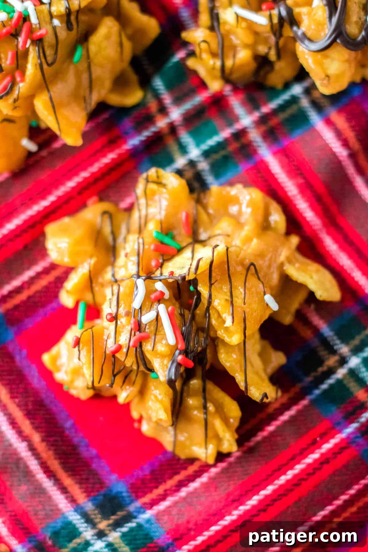 Top down image of one piece of peanut butter corn chip candy.