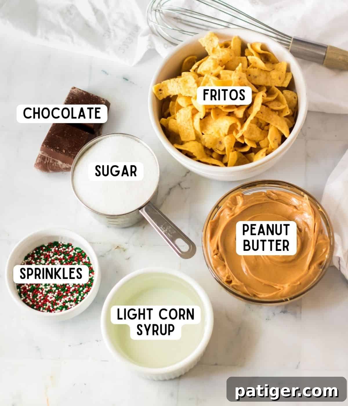 Fritos candy ingredients: chocolate almond bark, fritos, sugar, peanut butter, light corn syrup, and sprinkles.