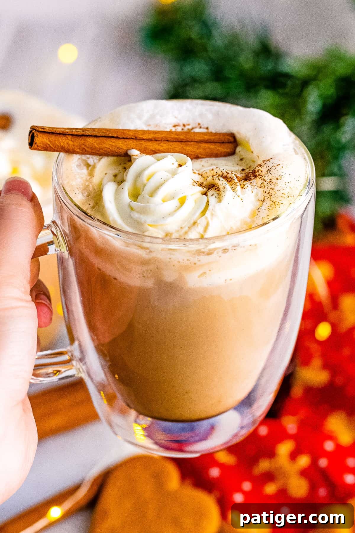 Hand holding a gingerbread latte topped with whipped cream and cinnamon.
