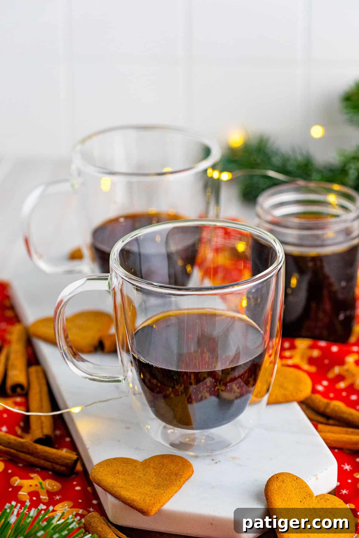 Glass mug of coffee.