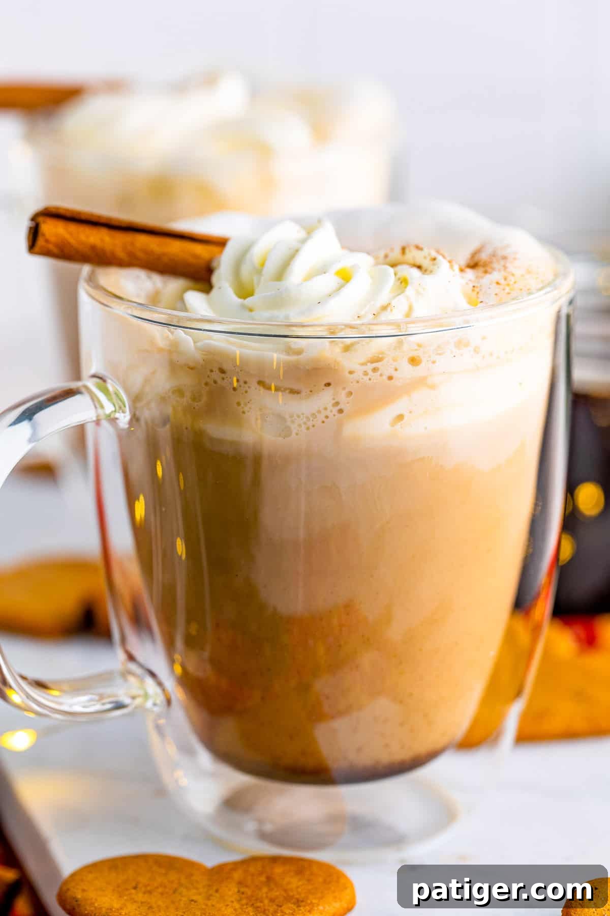 Close up side view of gingerbread spice latte with frothed milk and whipped cream in glass mug.