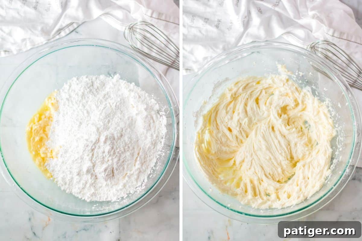 Two image collage of peppermint buttercream ingredients in mixing bowl and of the buttercream finished.