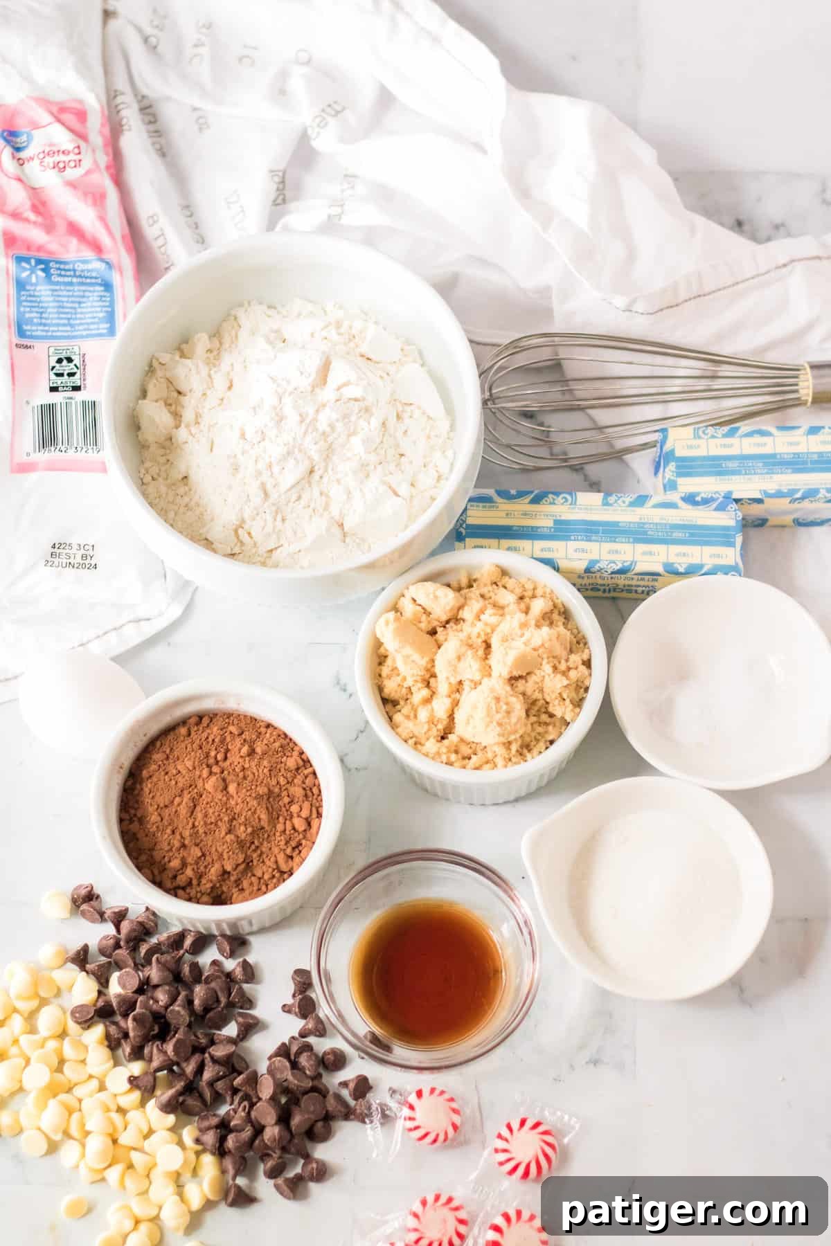 Ingredients for peppermint bark cookies.
