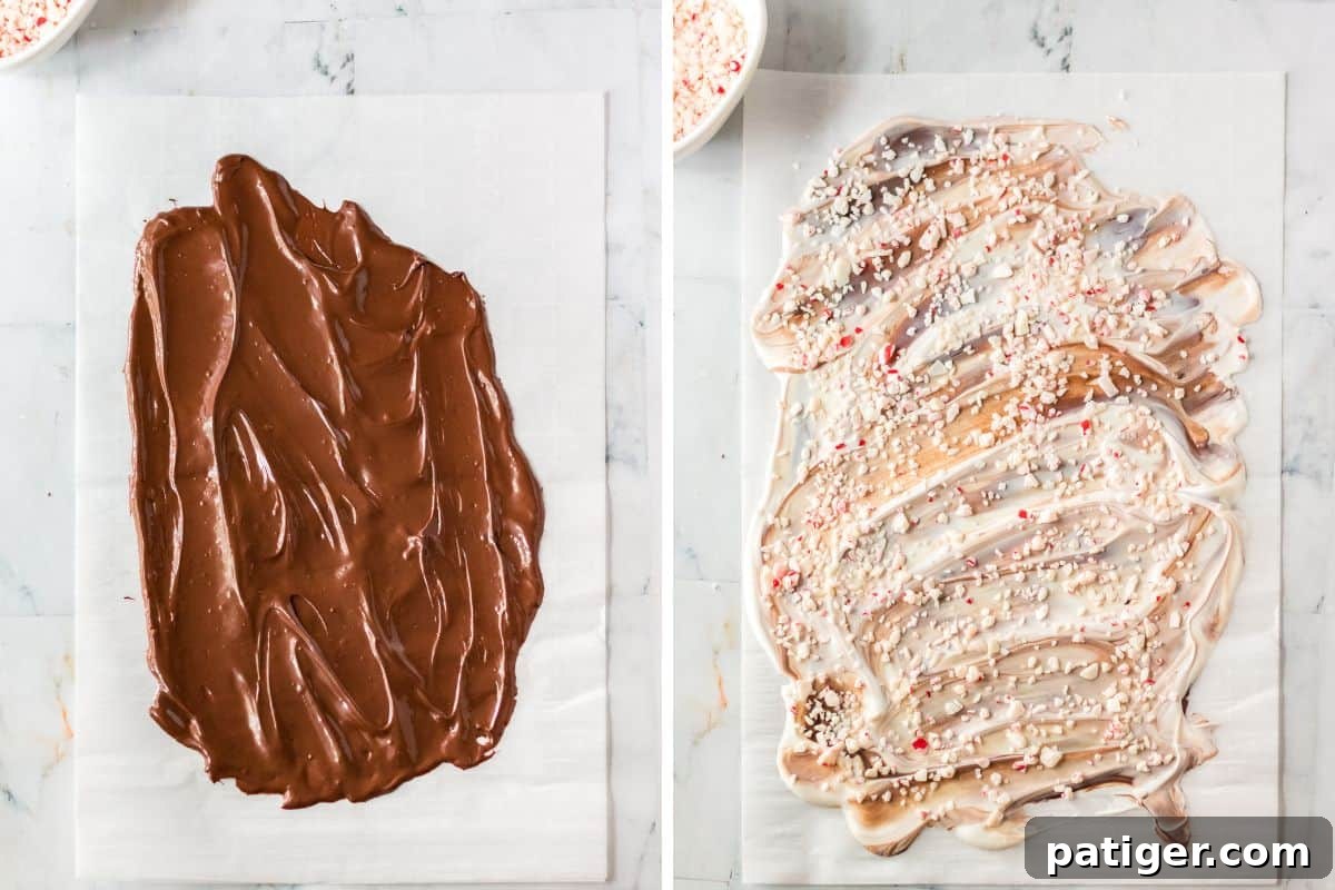 Two image collage of melted chocolate spread on parchment paper and of the same topped with melted white chocolate and crushed peppermint candies .