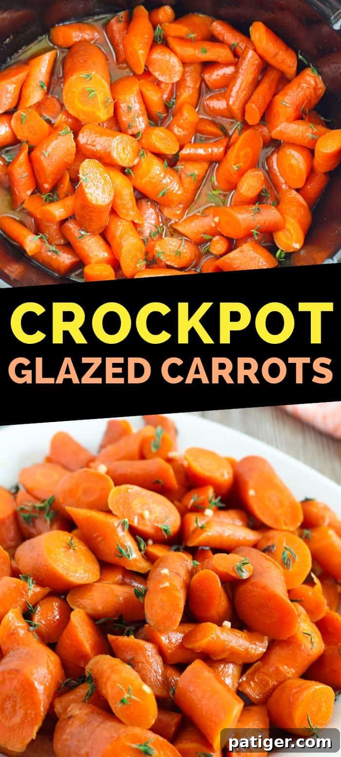 A vibrant close-up of Crockpot Glazed Carrots, showing their rich glaze and inviting texture.