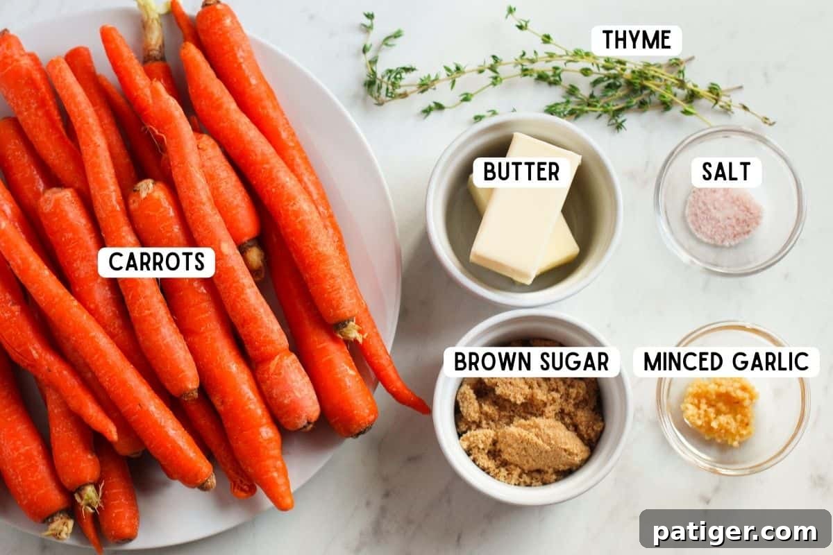 A collection of fresh ingredients laid out for the crockpot carrot recipe, including carrots, brown sugar, butter, garlic, and thyme.