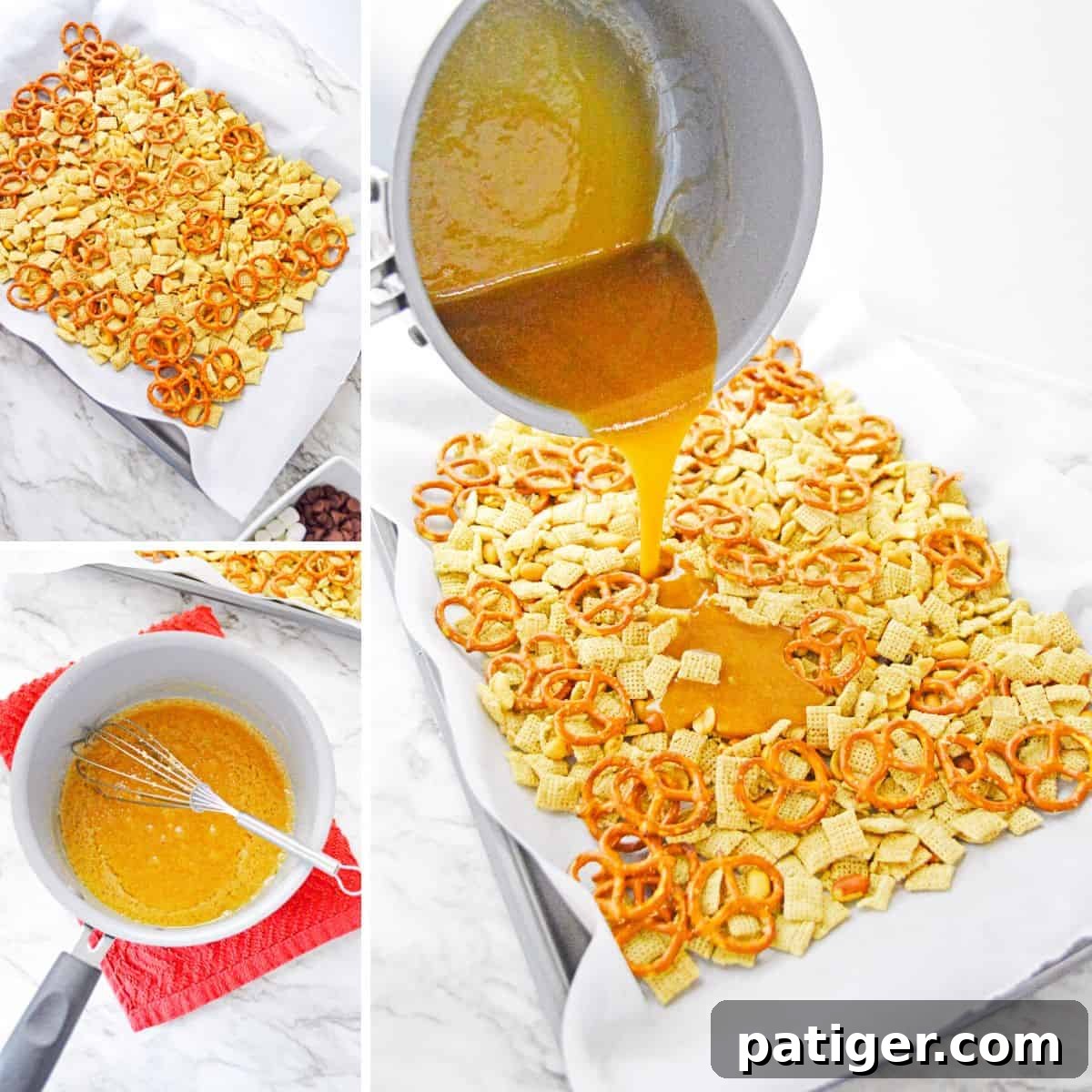 Holiday Hearth Mix 4 Three image collage of chex mix ingredients on lined baking sheet, caramel sauce in pot, and pot pouring sauce over ingredients on baking sheet.