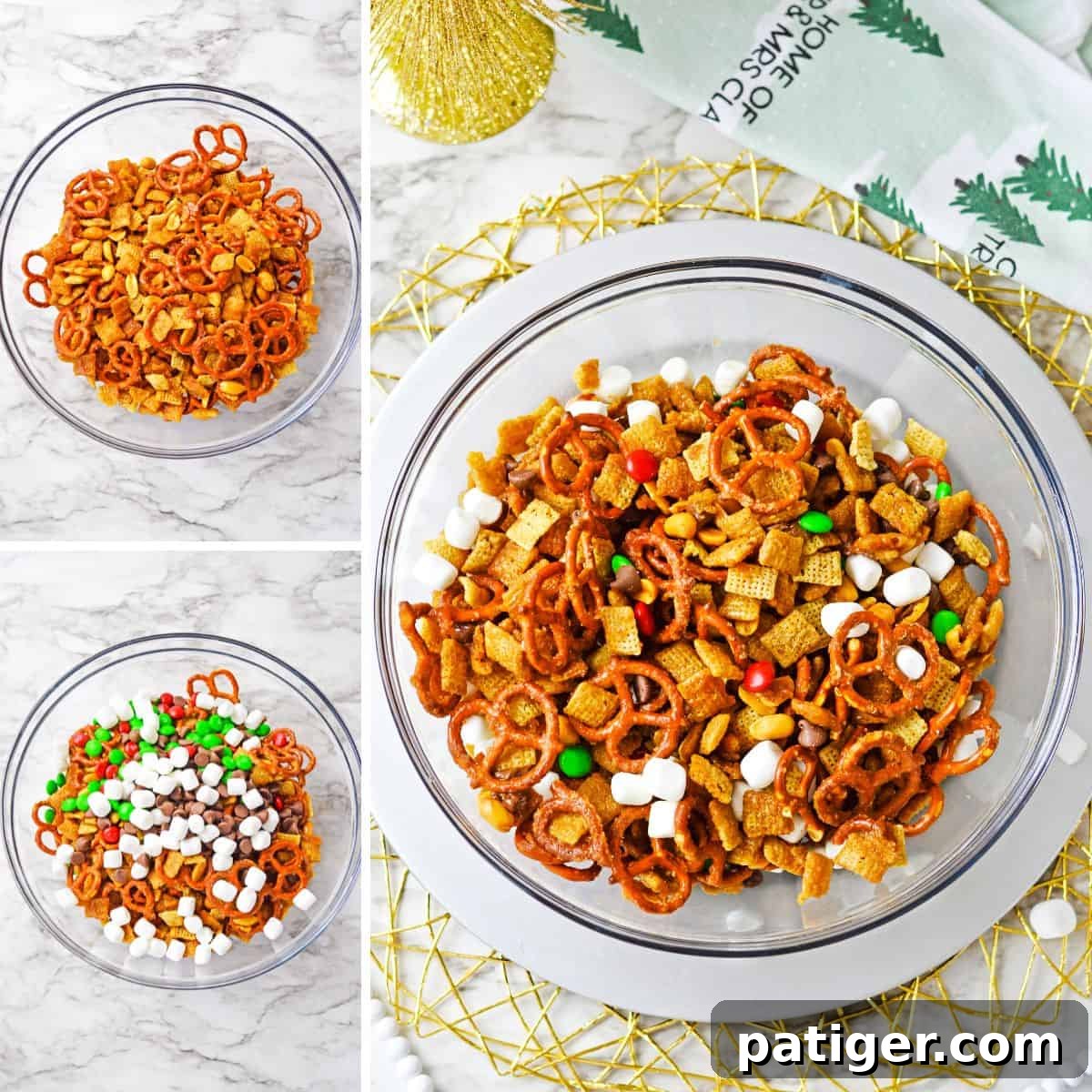 Holiday Hearth Mix 5 Three image collage of baked chex mixture in large glass bowl, the mix topped with the chocolate chips, marshmallows, and M&Ms, and then same bowl with everything mixed together.