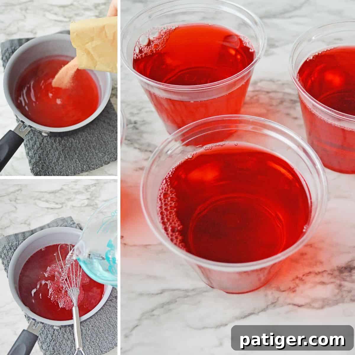 Three-image collage showing the process: a pot of water with Jello mix being added, cold water being stirred in, and the Jello mixture being poured into clear plastic cups.