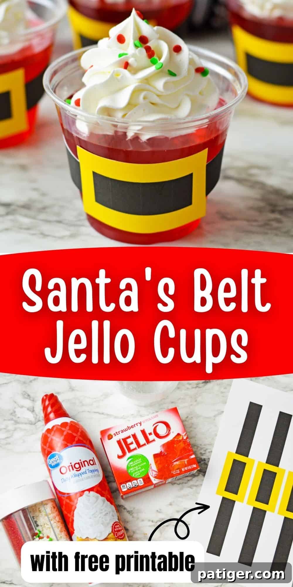 A festive image showcasing Santa's Belt Jello Cups with free printable available, perfect for Pinterest sharing.