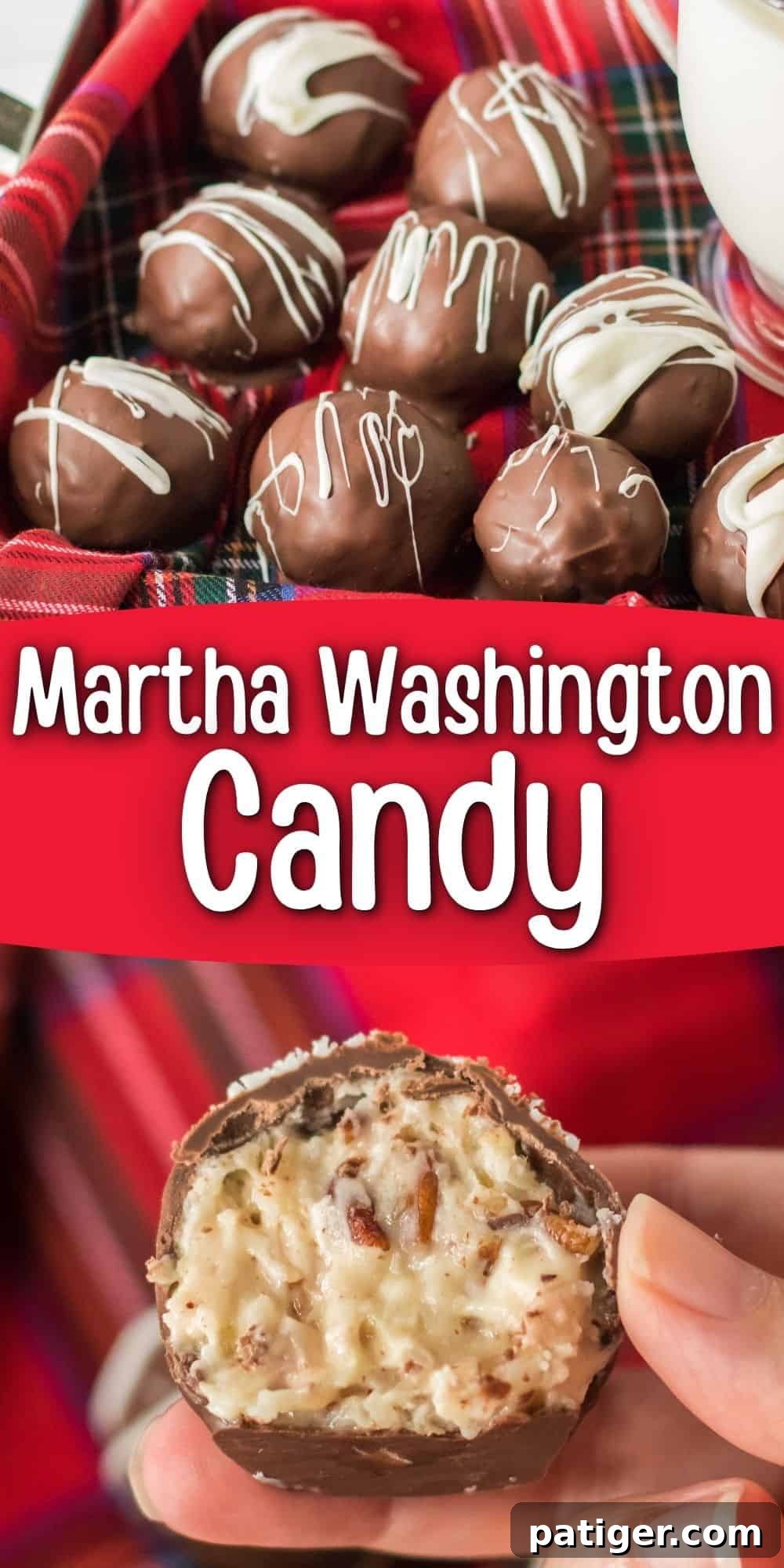 A stunning full shot of delicious Martha Washington Candy, showcasing its perfect chocolate coating and festive appeal.