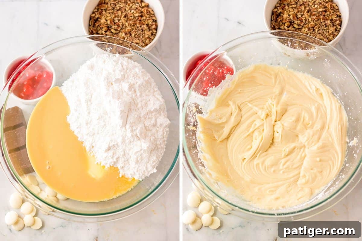A two-image collage showing sweetened condensed milk and confectioners' sugar being combined in a large glass mixing bowl, illustrating the initial step of making Martha Washington Candy.
