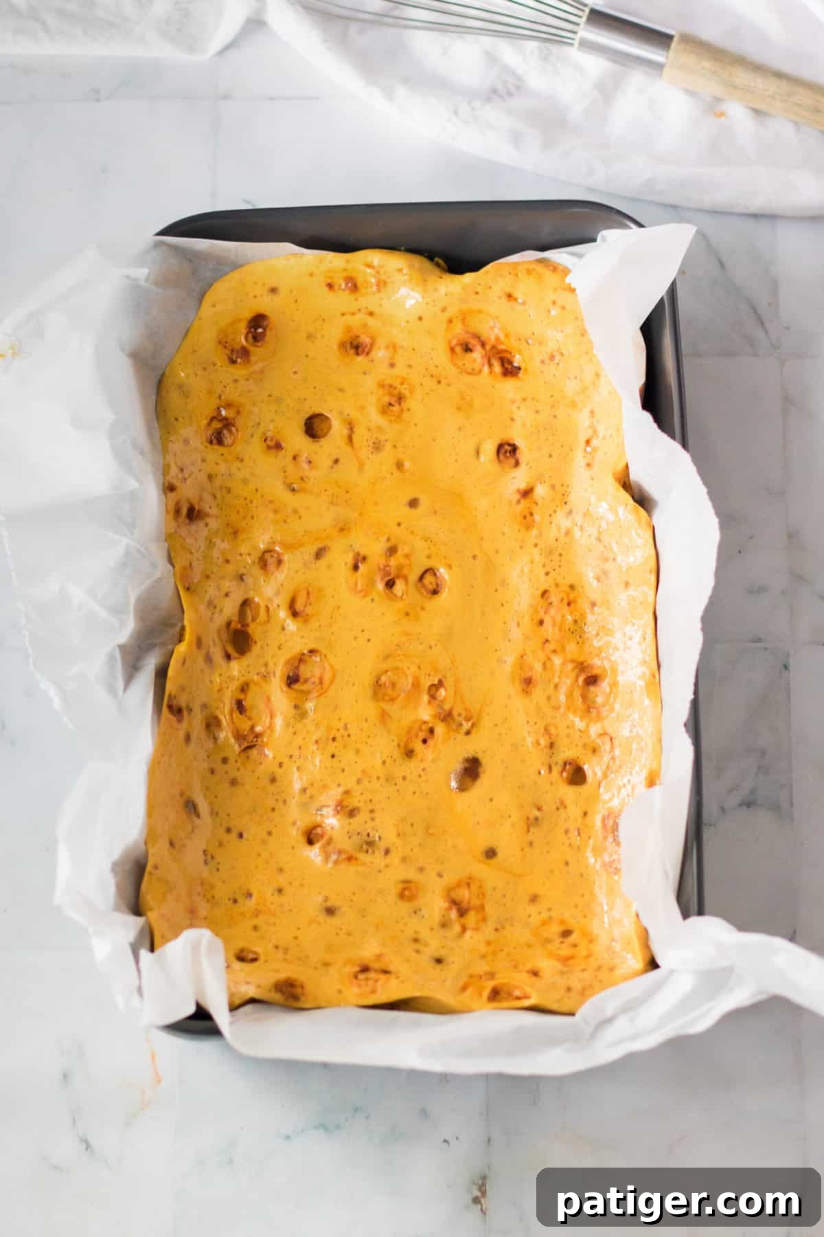 Golden Honeycomb Chocolate Crunch 7 Honeycomb candy in lined pan.