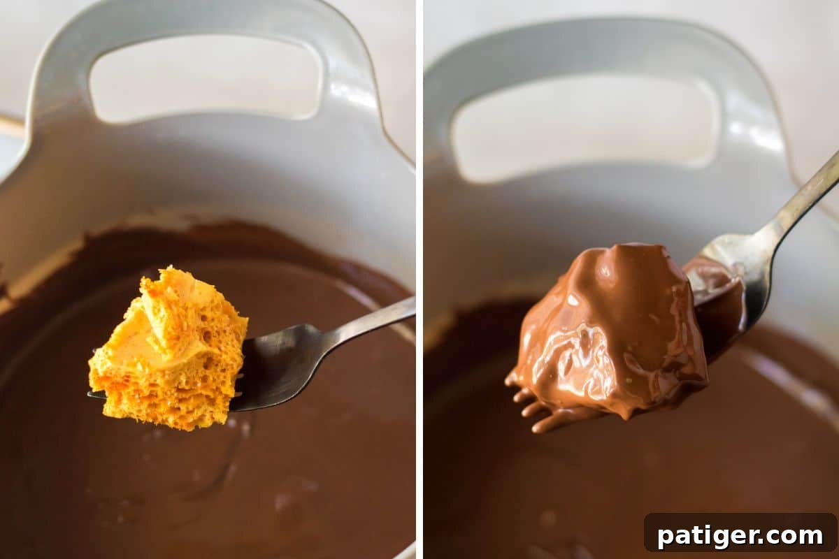 Golden Honeycomb Chocolate Crunch 9 Fork with bite-sized piece of honeycomb candy before and after being dipped in chocolate.