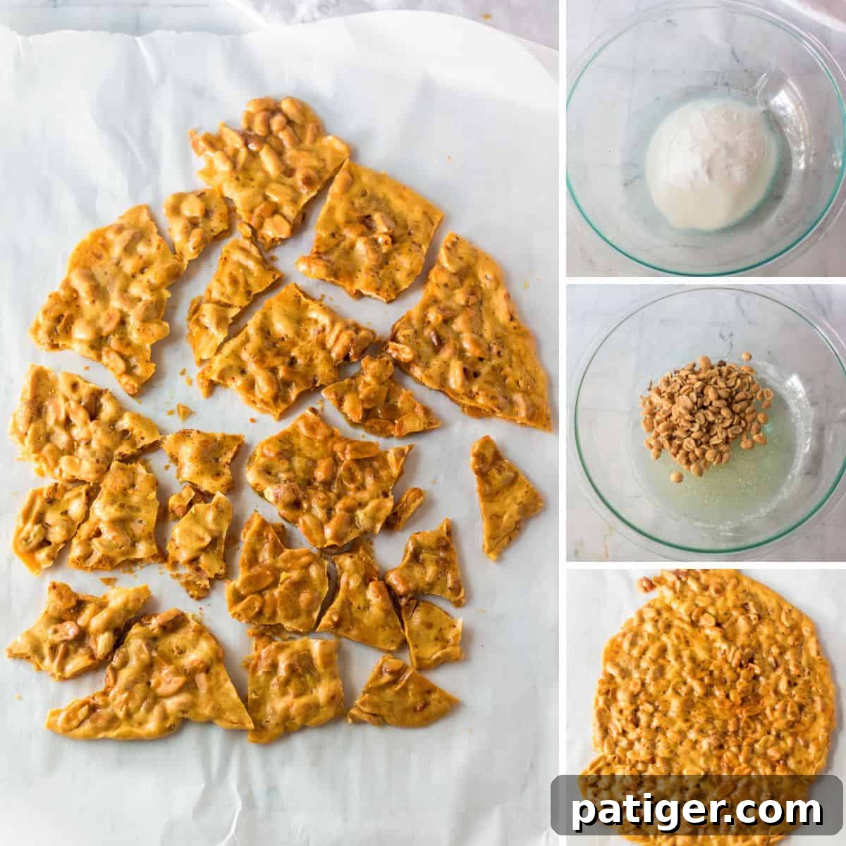 Instant Peanut Brittle 5 A four-image collage demonstrating the microwave peanut brittle making process: initial ingredients in a glass bowl, the hot brittle mixture being carefully poured onto parchment paper, and finally, the set brittle broken into delicious, shimmering pieces.