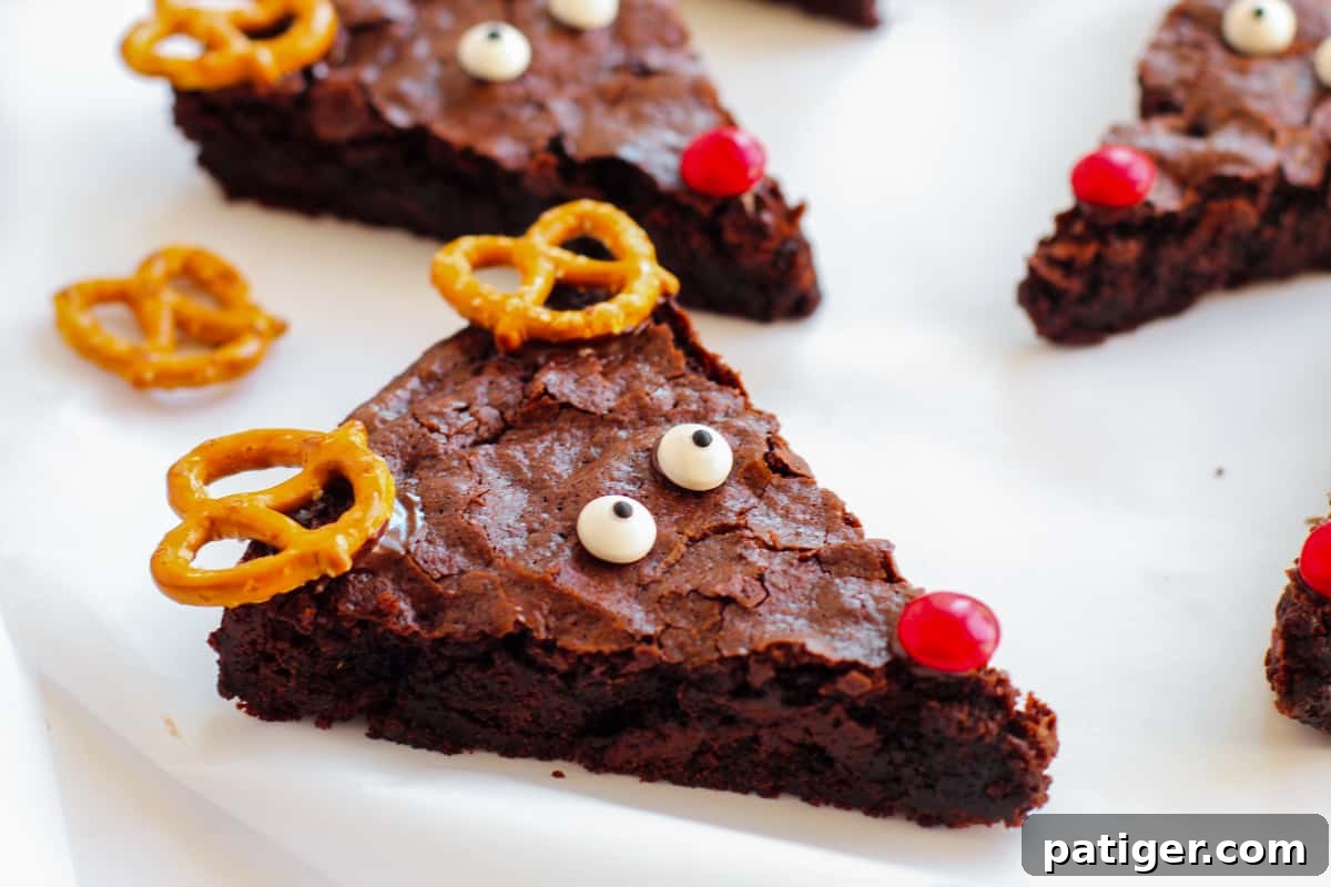 A single triangular chocolate brownie, meticulously decorated to resemble Rudolph the Red-Nosed Reindeer, highlighting its festive appeal and deliciousness.