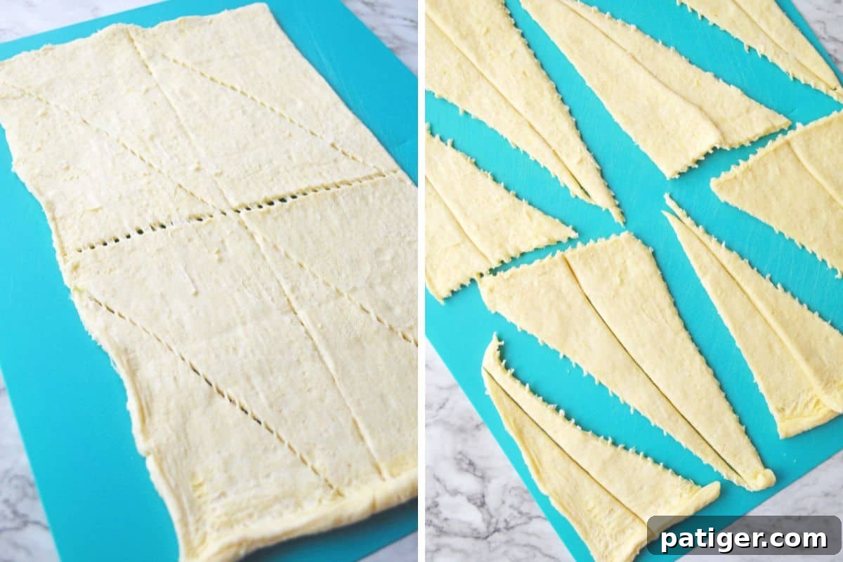 A two-image collage illustrating the preparation of crescent roll dough on a blue cutting board: first showing whole triangles, then the same dough sliced into 16 smaller, slender triangles.
