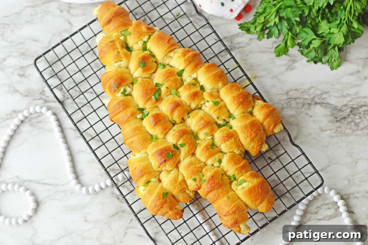 A stunning Christmas appetizer composed of cheese-stuffed crescents, baked into a tree shape and beautifully adorned with melted butter and fresh parsley for a festive finish.