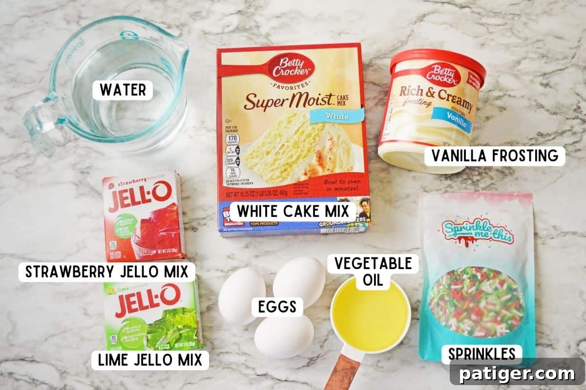 Ingredients for Christmas poke cake recipe.