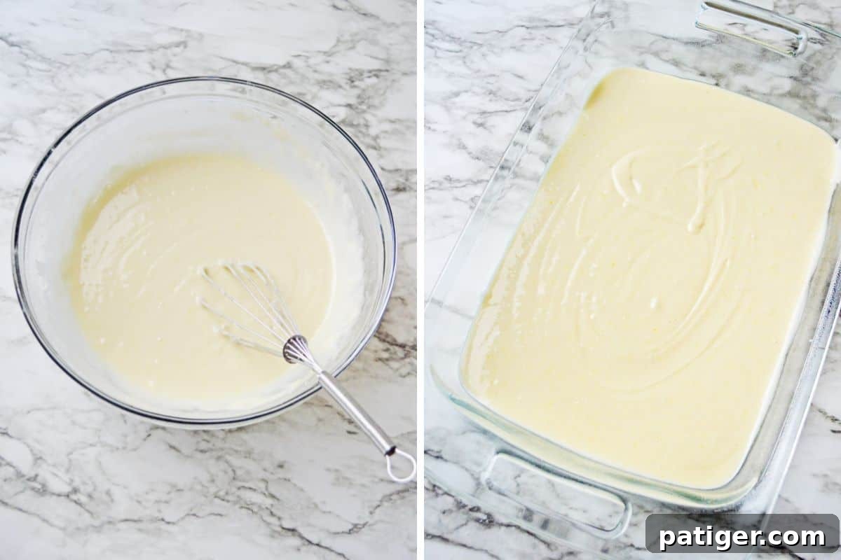 Two image collage of cake batter in glass mixing bowl and cake batter in baking dish.