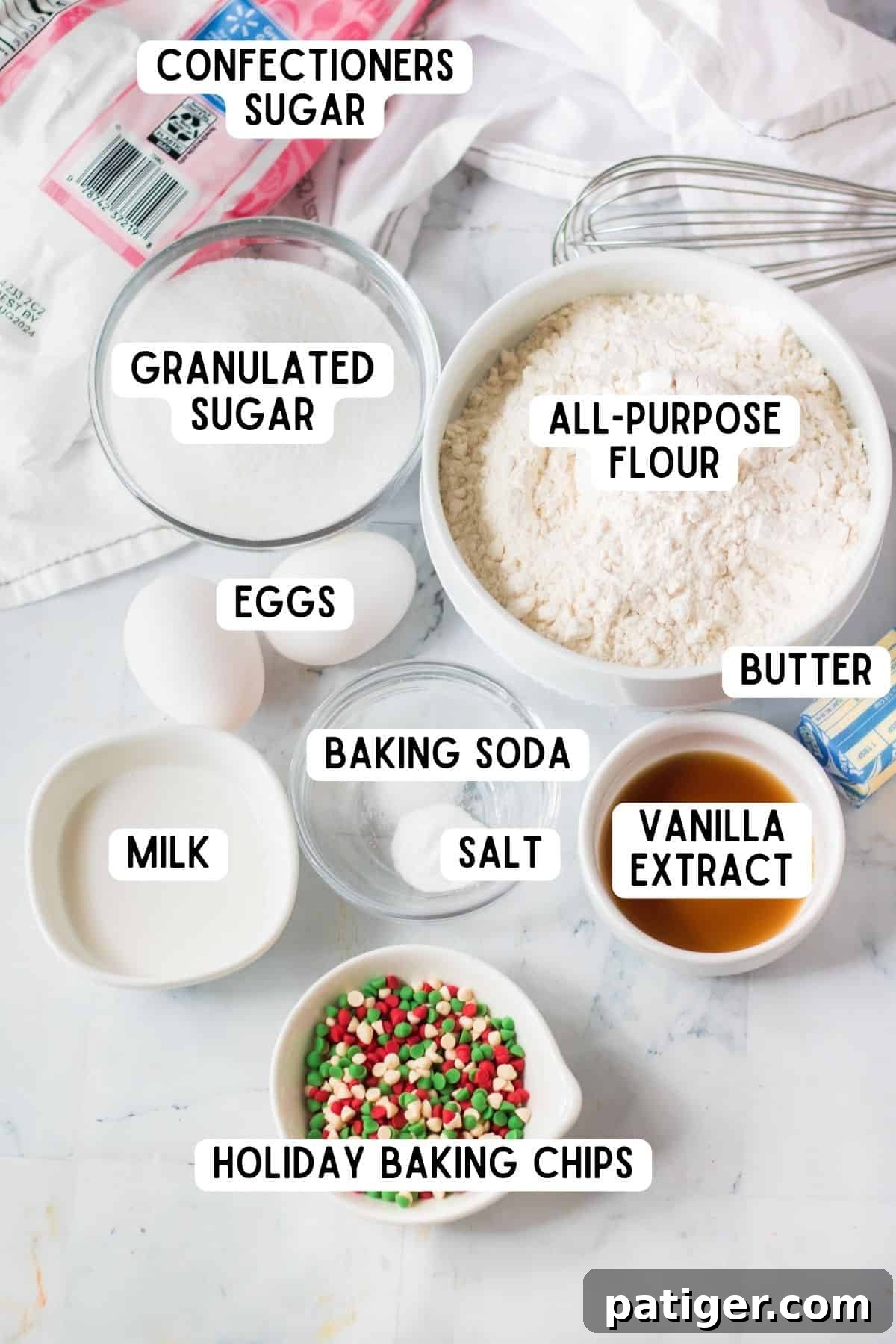 Ingredients for Christmas sugar cookie bars with buttercream frosting and sprinkles.