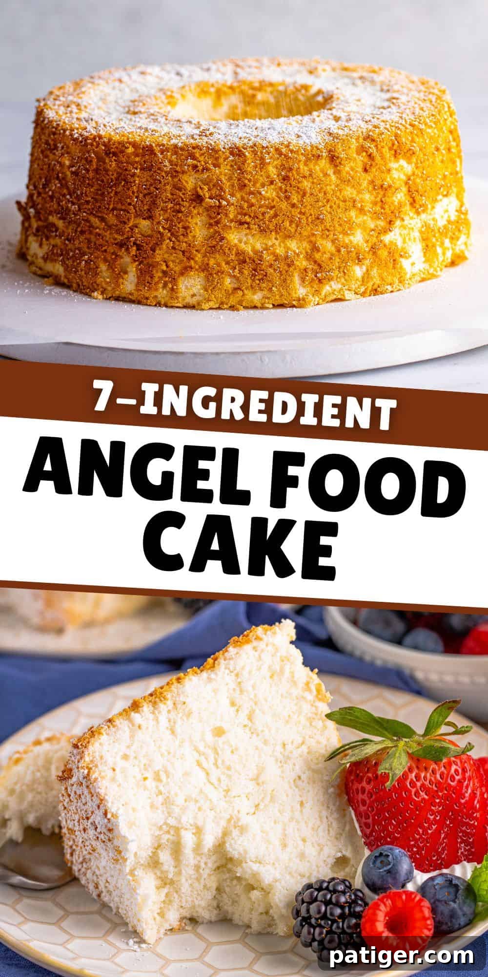 Feather-Light Angel Food Dream 17 A beautiful wide shot of a 7-ingredient Angel Food Cake, emphasizing its light texture and perfect golden-brown crust.