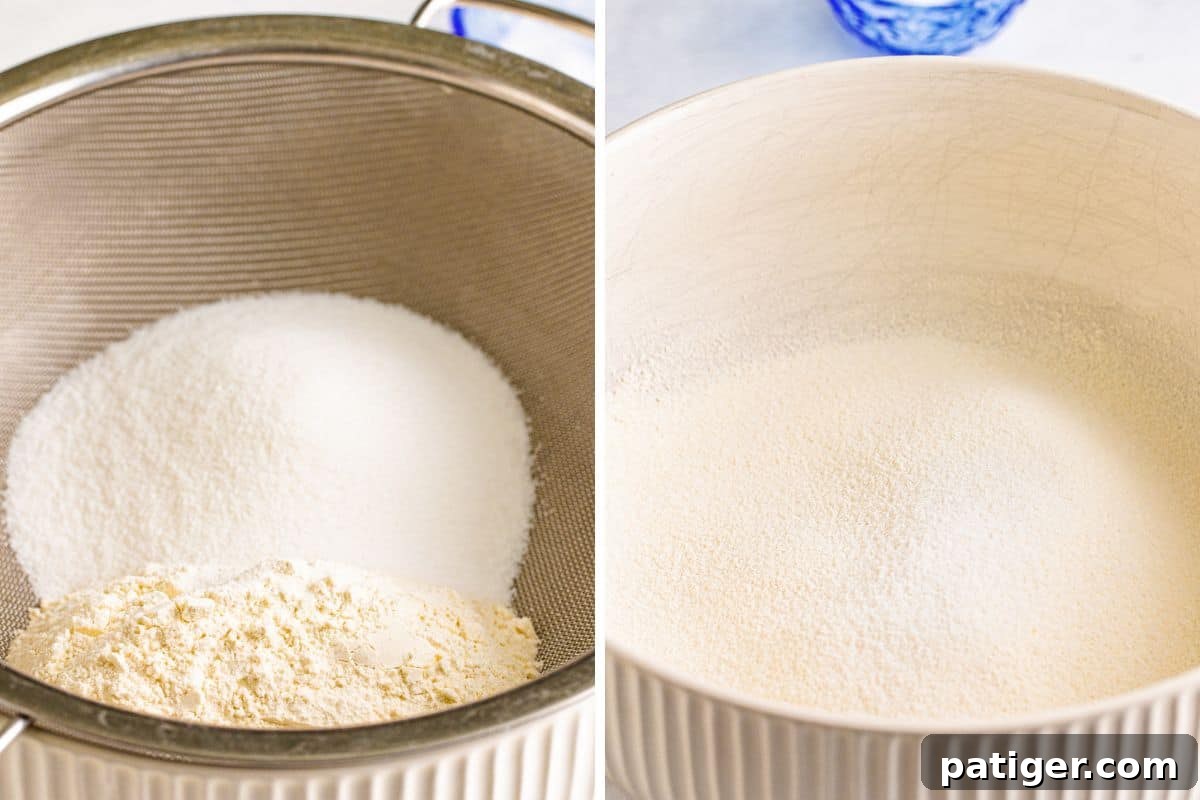 Feather-Light Angel Food Dream 6 A two-image collage showing the process of sifting superfine sugar, all-purpose flour, and salt into a bowl, demonstrating the preparation of dry ingredients for angel food cake.