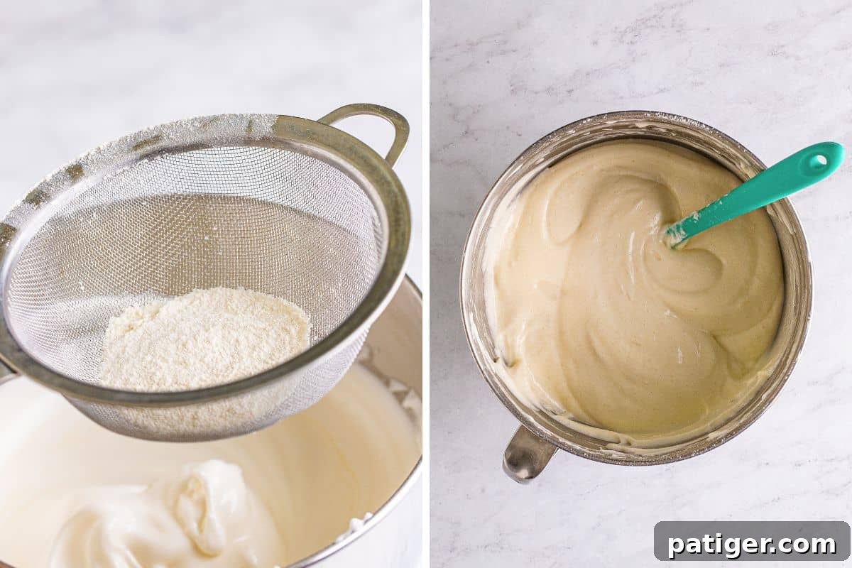 Feather-Light Angel Food Dream 8 A two-image collage illustrating the careful process of sifting and gently folding dry ingredients into whipped egg whites, critical for maintaining the cake's airy texture.