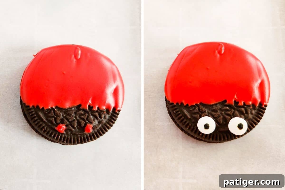 Two small dot of melted red candy on undipped portion of the cookie and then the same cookie with candy eyeballs placed where dots were.