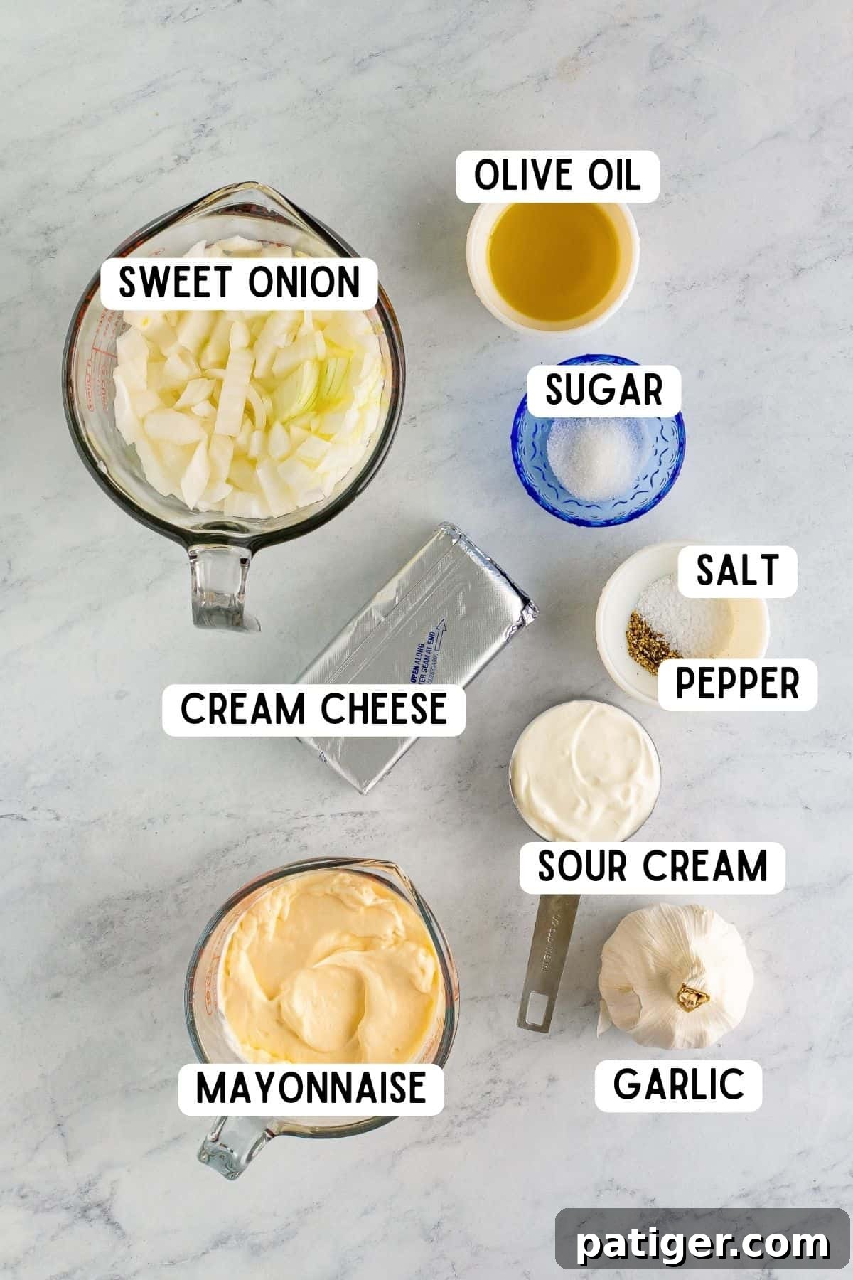 Ingredients for homemade french onion dip on countertop.