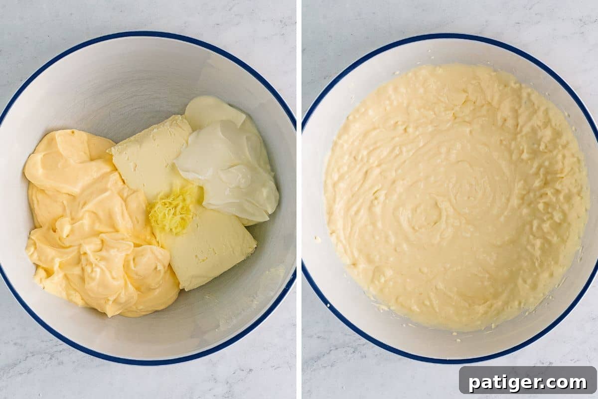 Two image collage of mayo, cream cheese, sour cream, and garlic in a mixing bowl before and after combining.