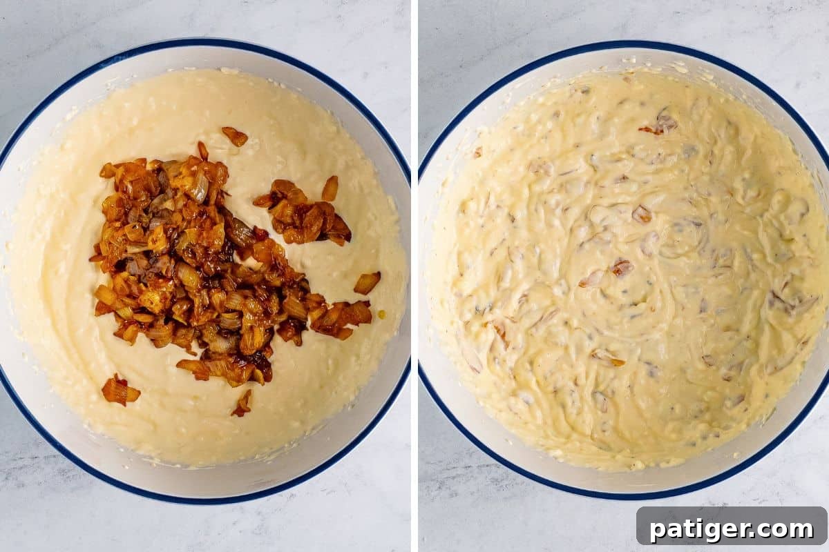 Two image collage of dip in mixing bowl before and after onions are mixed in.