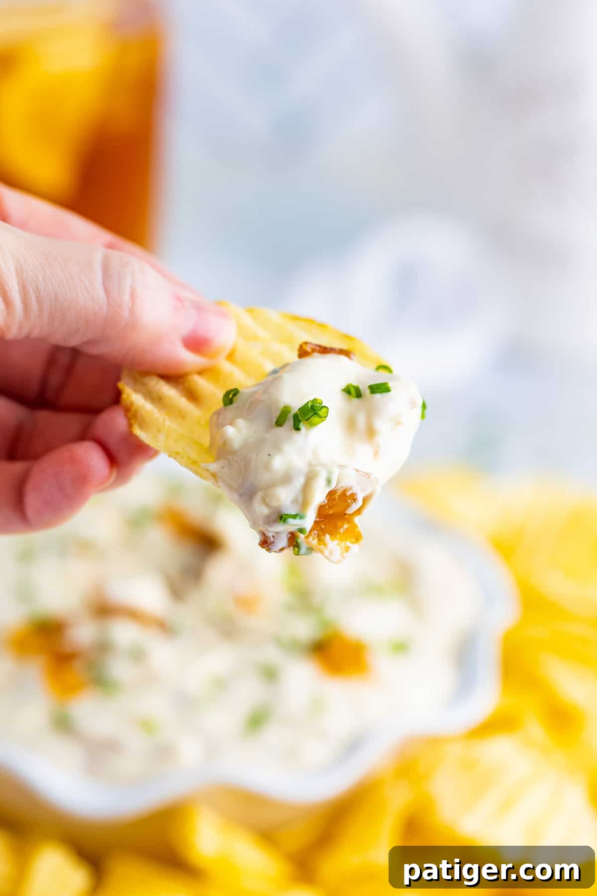 Hand holding chip dipped in creamy french caramelized onion dip.