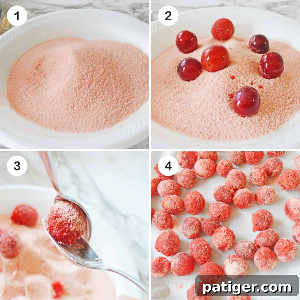 Four image collage of red jello powder in a bowl, grapes in jello powder, grape being lifted by 2 spoons from the jello, and coated grapes on lined baking sheet.