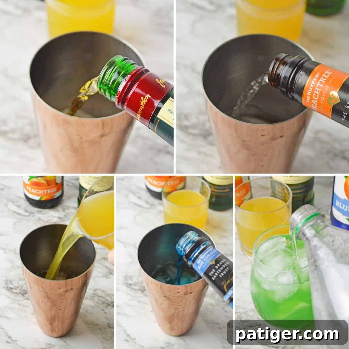 Emerald Isle Elixir 4 A visual collage demonstrating the steps to make the Luck of the Irish Cocktail, from pouring ingredients to the final fizzy addition.