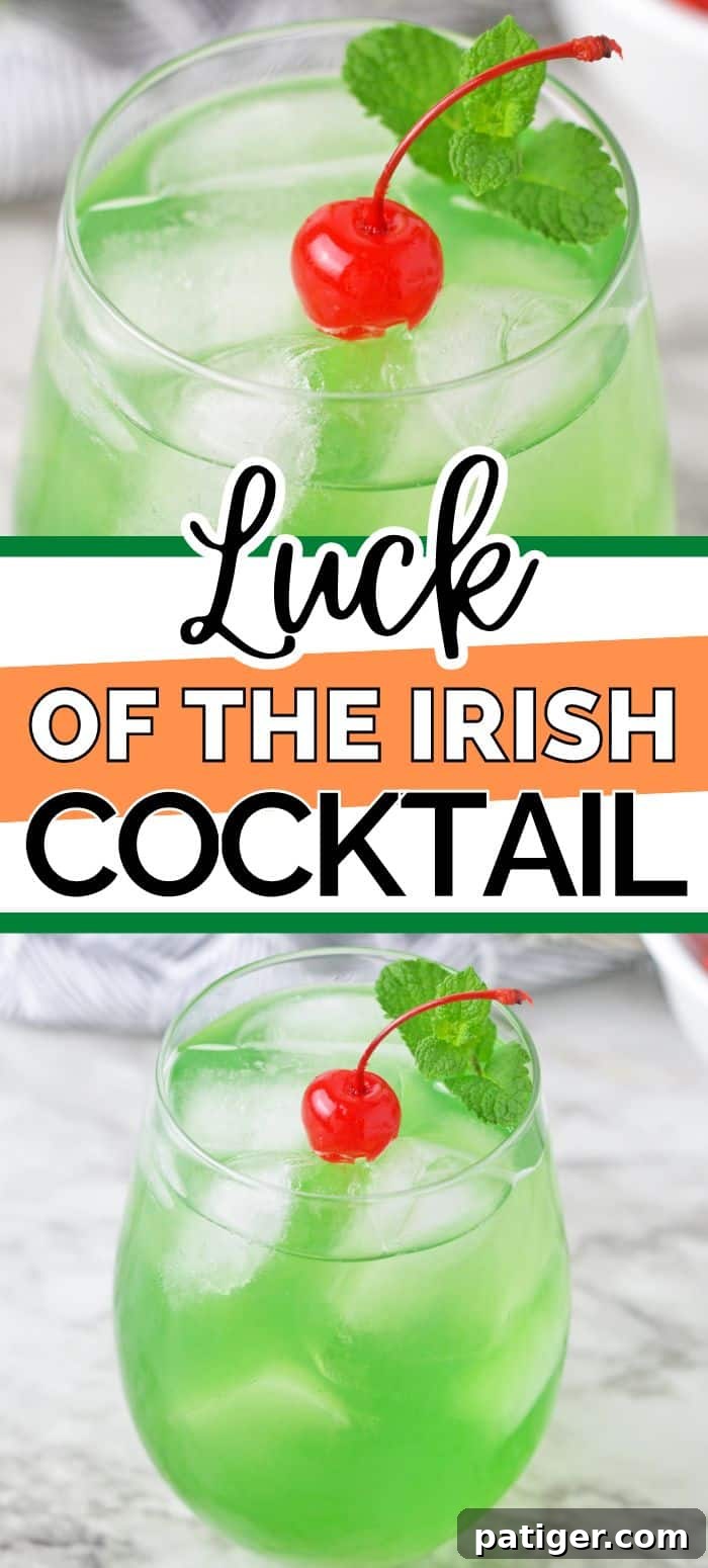 Emerald Isle Elixir 8 Luck of the Irish Cocktail pin image, a refreshing green St. Patrick's Day drink.