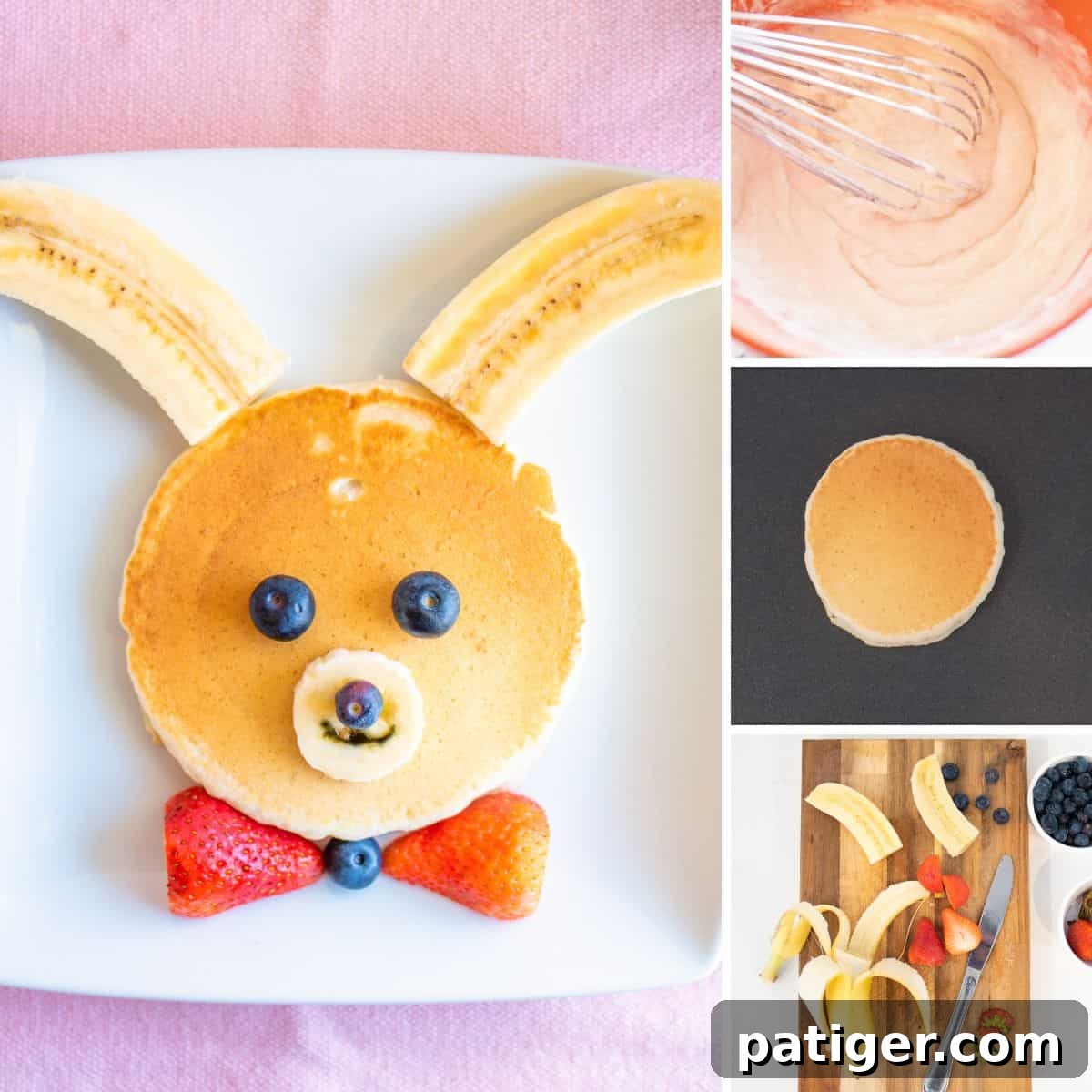 Collage with photos of mixing pancake batter, pancake on griddle, sliced strawberries and bananas on cutting board, and completed bunny face pancake.