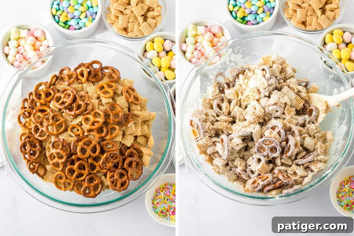 Two image collage of pretzels and chex mix in bowl before and after being covered with melted white almond bark.