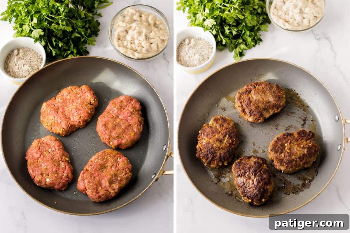 Tender Slow Cooker Salisbury Steaks 6 Side by side photos of hamburger steaks in frying pan before and after searing.
